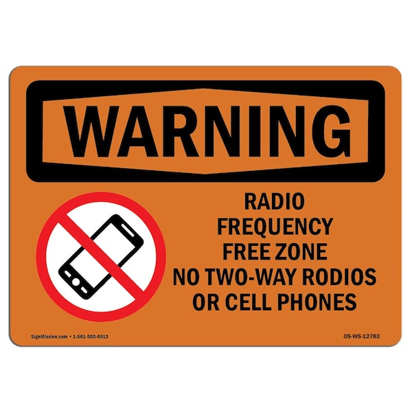 Safety Sign, OSHA WARNING, 18" Height, 24" Width, Radio Frequency Free Zone With Symbol, Landscape